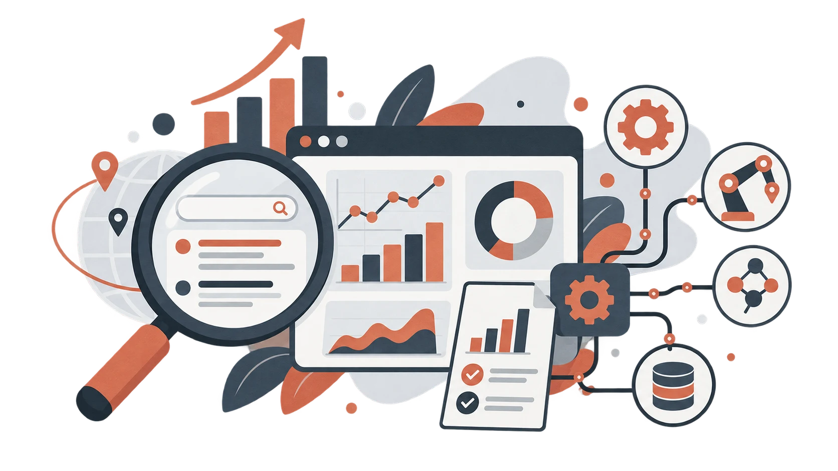Search visibility, reporting metrics and automation nodes connected in one digital system.
