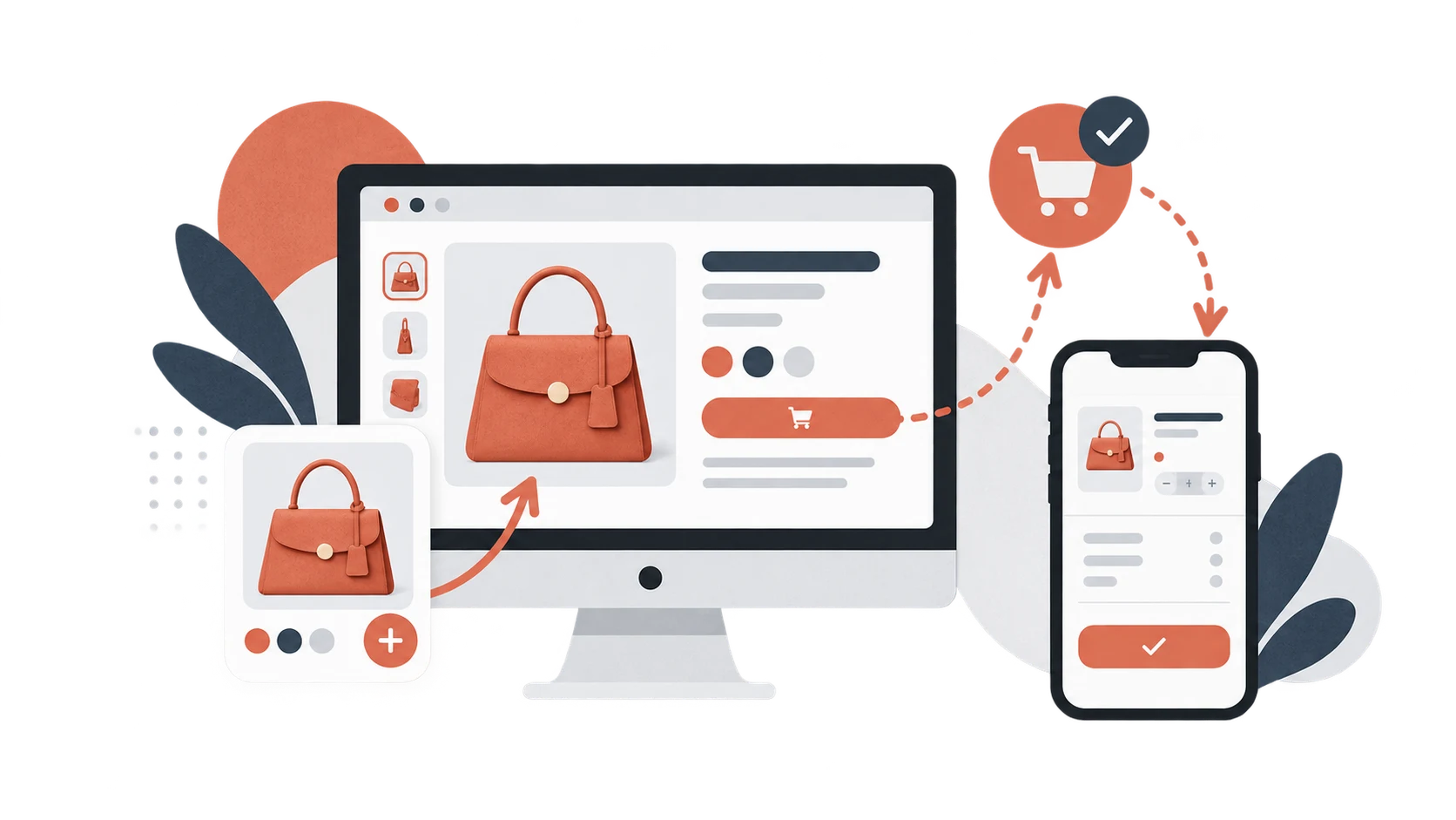 Responsive desktop and mobile shopping experiences connected by a clear checkout path.