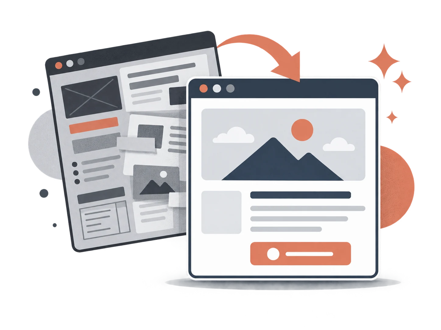 An outdated website resolving into a clear modern layout.